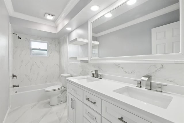 full bathroom with vanity, toilet, tiled shower / bath, and ornamental molding