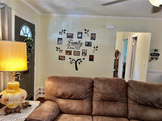 living room with crown molding