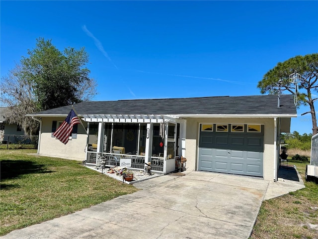 single story home featuring a front yard, driveway, stucco siding, and an attached garage