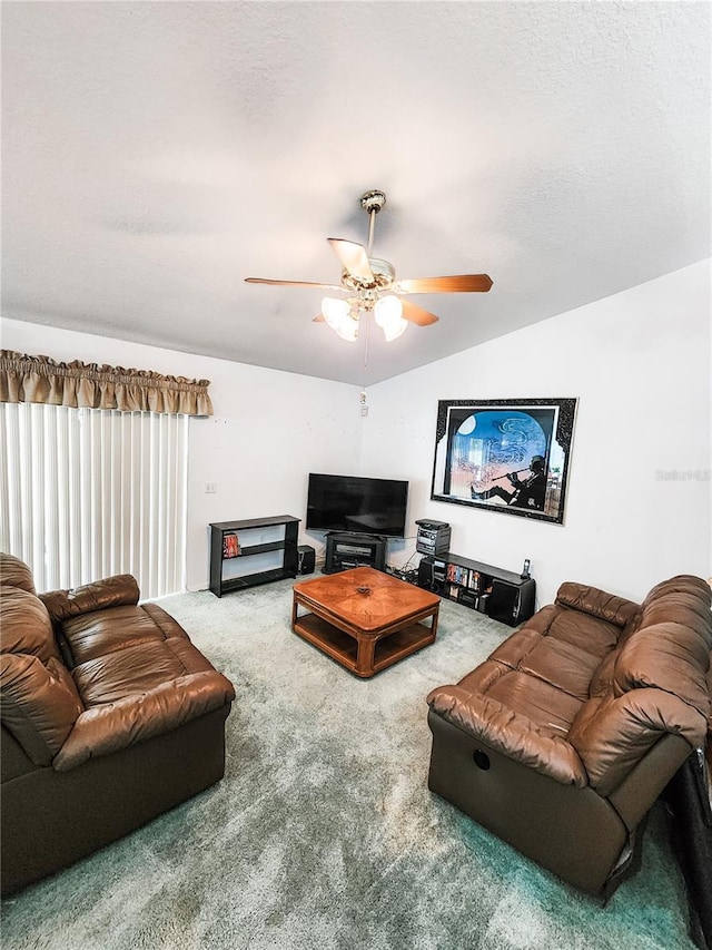 5805 Danterbury Ct, Lakeland, FL 33810 - living room featuring ceiling fan, carpet floors, and vaulted ceiling