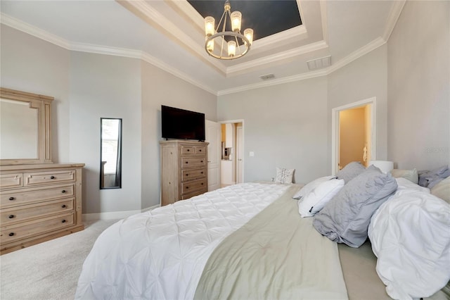 332 Lake Mariana Way, Auburndale, FL 33823 - carpeted bedroom featuring a tray ceiling, a chandelier, ornamental molding, and a towering ceiling