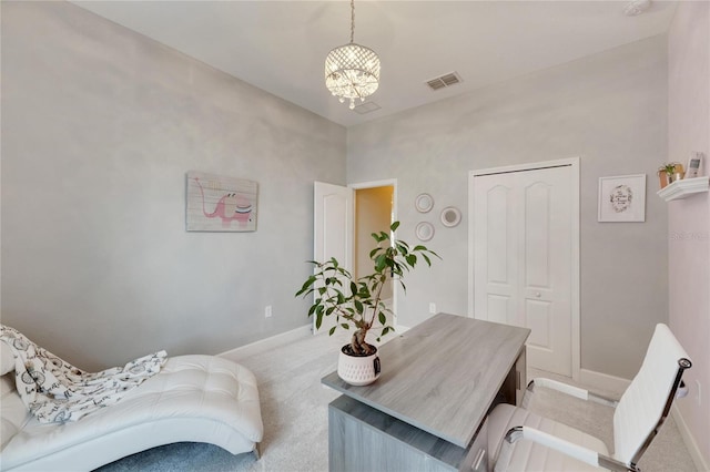 interior space with light colored carpet and an inviting chandelier