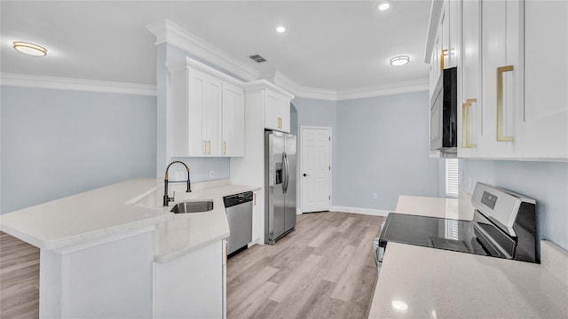 kitchen with white cabinetry, sink, stainless steel appliances, kitchen peninsula, and ornamental molding