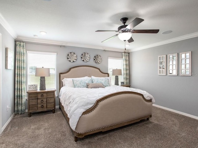 bedroom with carpet flooring, ceiling fan, and ornamental molding