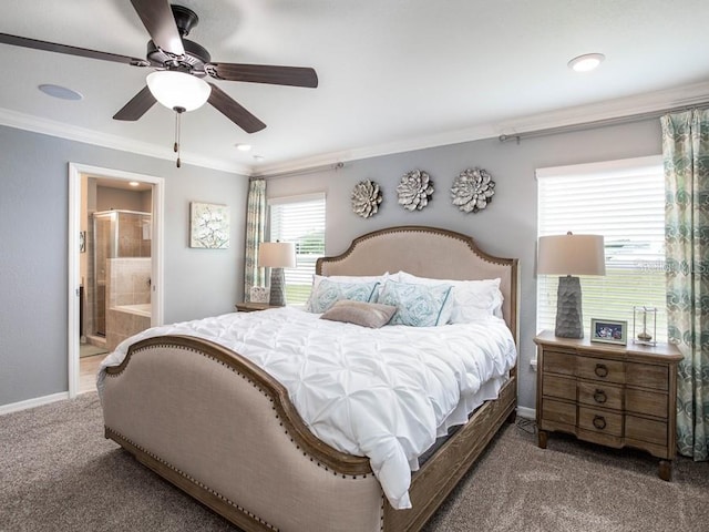 bedroom featuring carpet floors, ensuite bathroom, crown molding, and ceiling fan