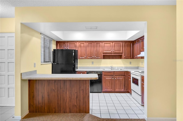 kitchen with kitchen peninsula, ventilation hood, sink, black appliances, and light tile patterned flooring