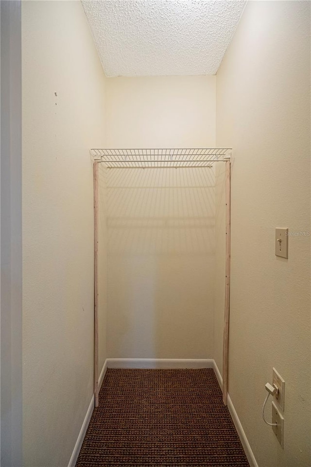 walk in closet with dark colored carpet