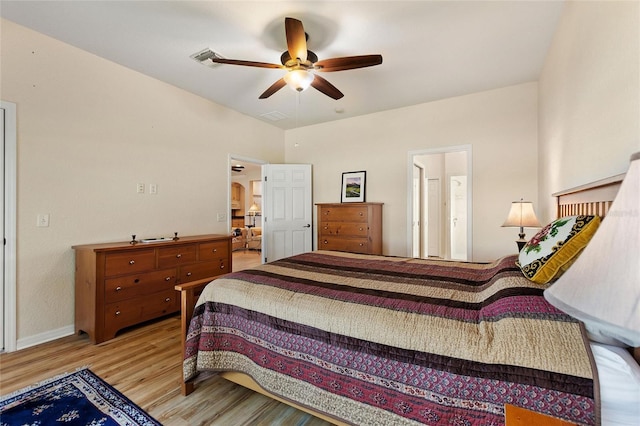 bedroom featuring light hardwood / wood-style flooring and ceiling fan