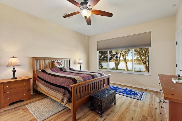 bedroom featuring ceiling fan and light hardwood / wood-style floors