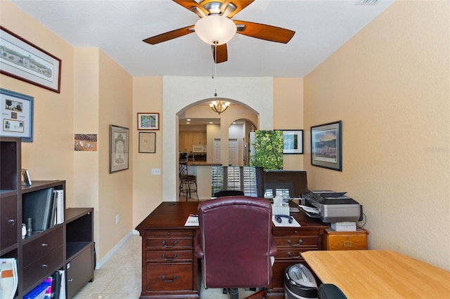 office with light tile patterned flooring and ceiling fan