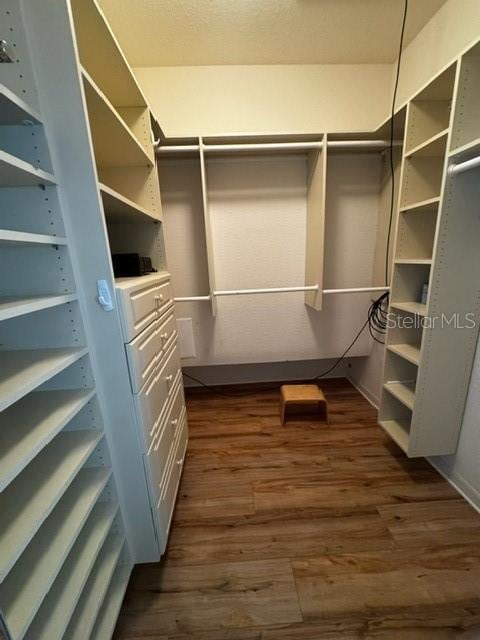 spacious closet with dark hardwood / wood-style flooring