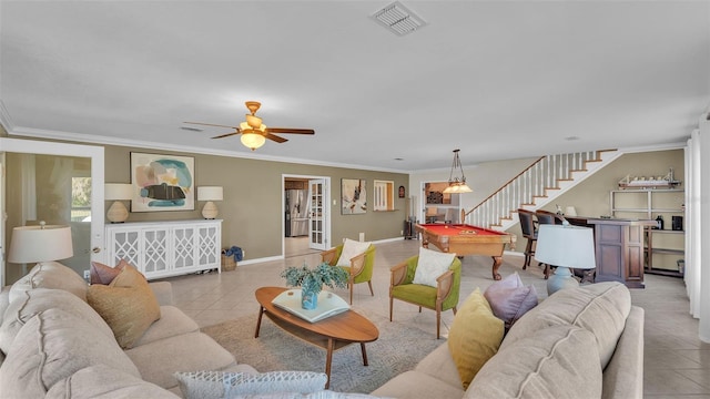 living room with light tile patterned flooring, ceiling fan, crown molding, and billiards