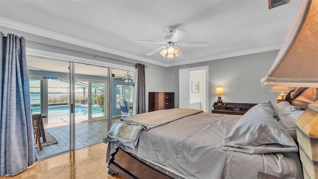 bedroom featuring a textured ceiling, access to outside, ornamental molding, ceiling fan, and light parquet flooring