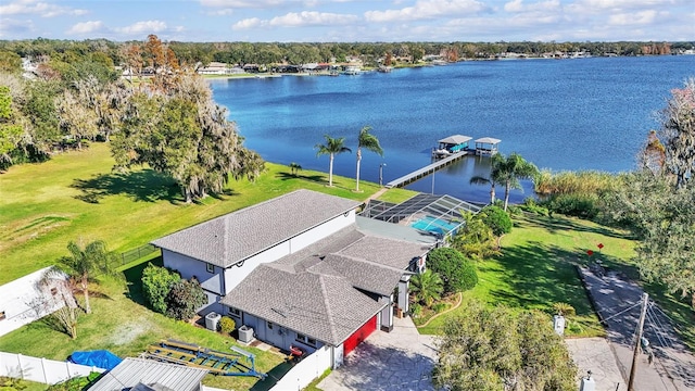 aerial view featuring a water view