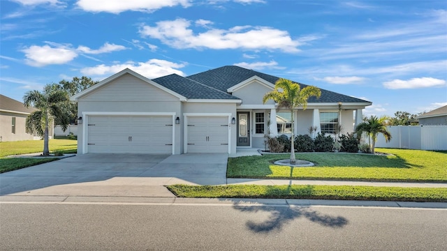 ranch-style home with a front yard and a garage