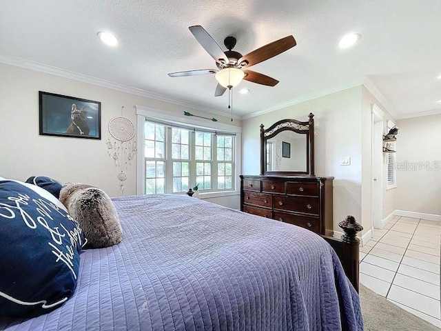 tiled bedroom with ceiling fan, ornamental molding, and a textured ceiling