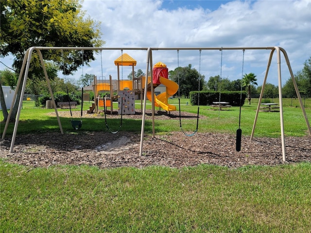 view of jungle gym featuring a yard