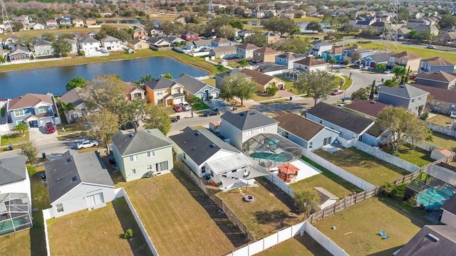 bird's eye view with a water view