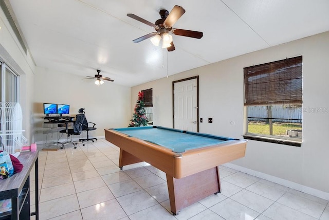 recreation room with ceiling fan, light tile patterned flooring, and pool table