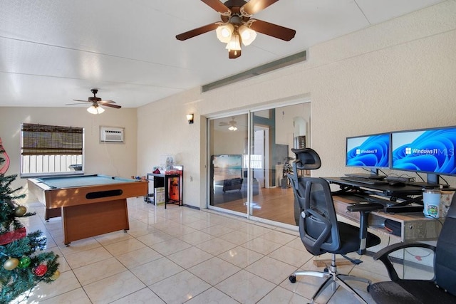 rec room featuring ceiling fan, light tile patterned floors, pool table, and a wall mounted AC