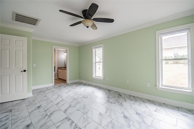 unfurnished bedroom featuring ensuite bath, ceiling fan, and ornamental molding