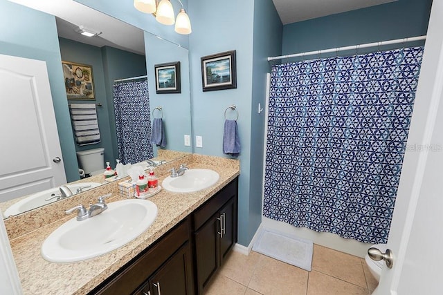 bathroom featuring walk in shower, tile patterned flooring, vanity, and toilet