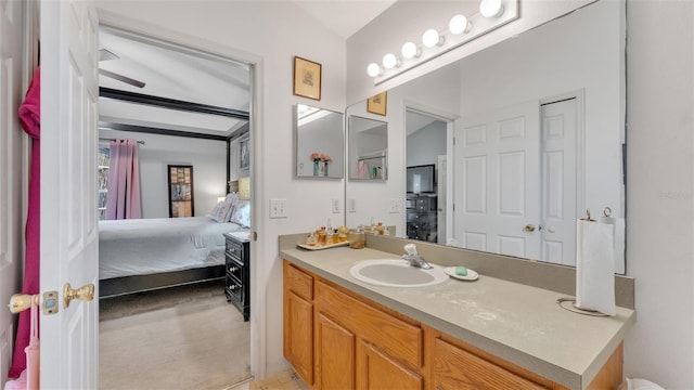 bathroom featuring vanity and lofted ceiling