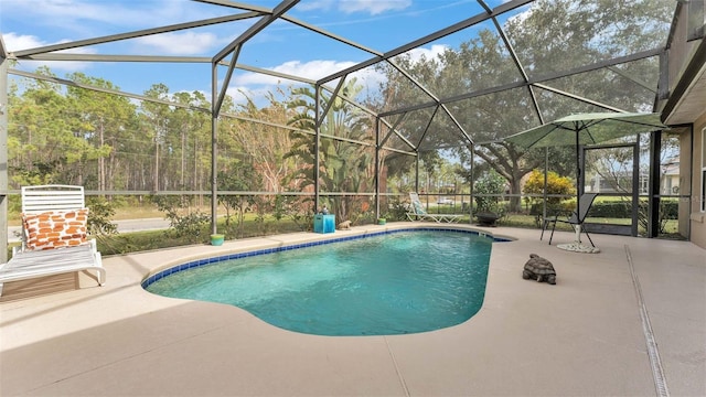 view of pool featuring a lanai and a patio area