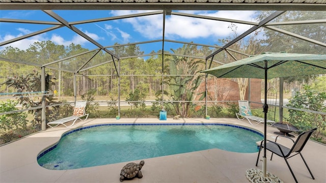 view of pool featuring a lanai and a patio