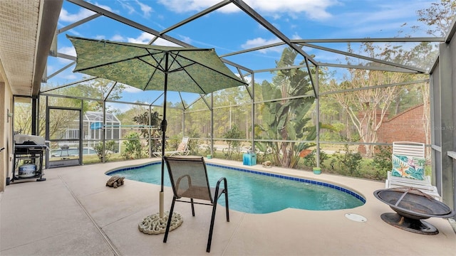 view of pool with a patio, glass enclosure, and grilling area