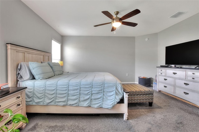 carpeted bedroom featuring ceiling fan