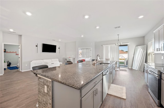 kitchen featuring an island with sink, light hardwood / wood-style flooring, stainless steel appliances, and sink