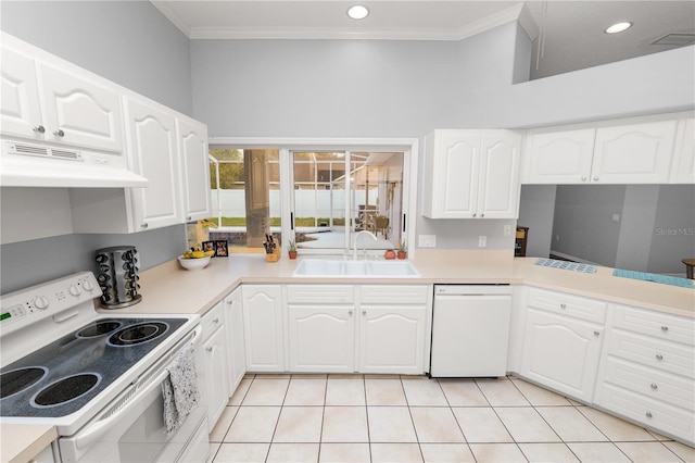 kitchen featuring white cabinets, white appliances, crown molding, and sink