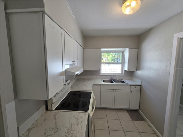 kitchen with light countertops, a sink, white electric stove, under cabinet range hood, and white cabinets
