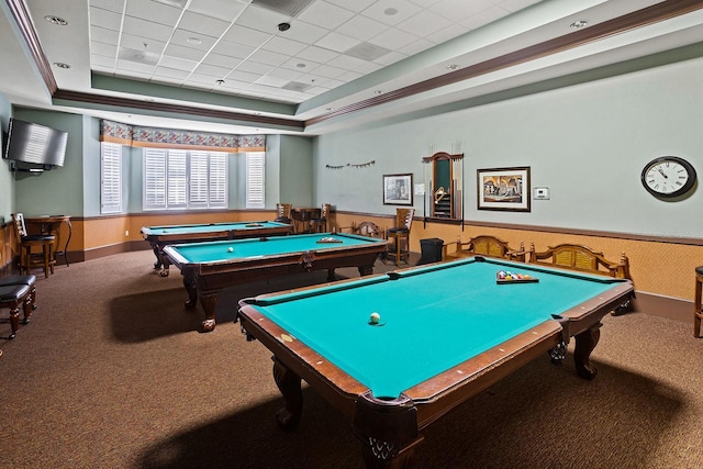 recreation room with a tray ceiling, carpet floors, billiards, and a paneled ceiling