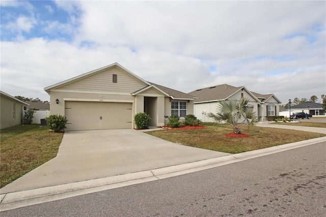 single story home with a front lawn and a garage