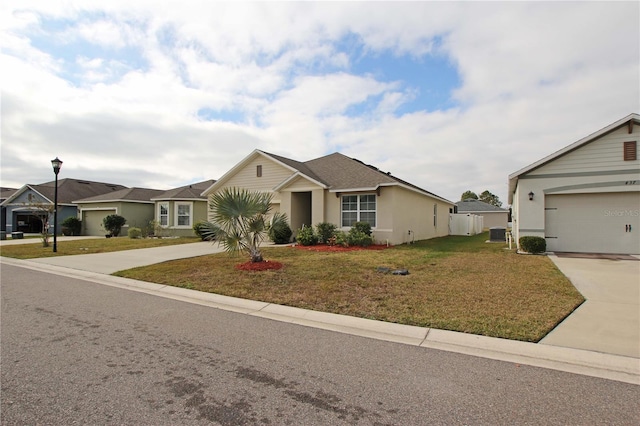 ranch-style house featuring central AC unit, a front lawn, and a garage