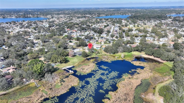 drone / aerial view featuring a water view