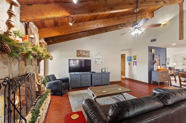 living room with a fireplace, ceiling fan, dark wood-type flooring, and wood ceiling