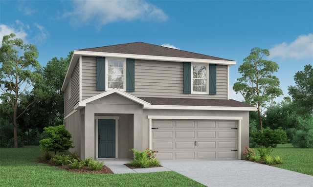 view of front of home with a front yard and a garage