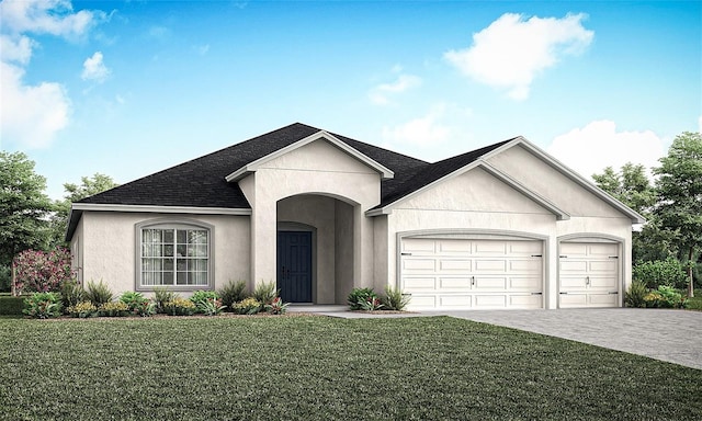 single story home featuring a front yard and a garage