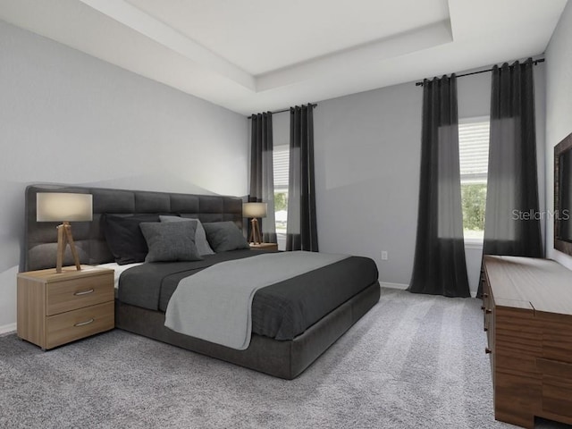 carpeted bedroom featuring a tray ceiling