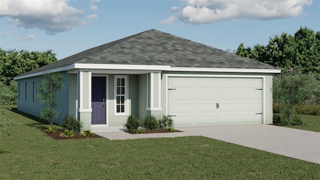 view of front facade with a front yard and a garage