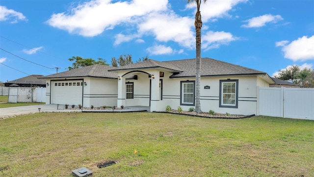 ranch-style house with covered porch, a garage, and a front lawn