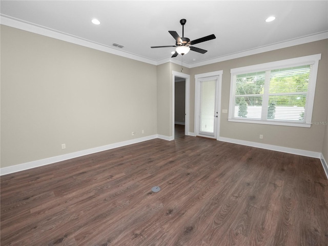 unfurnished bedroom featuring ceiling fan, dark hardwood / wood-style floors, and ornamental molding