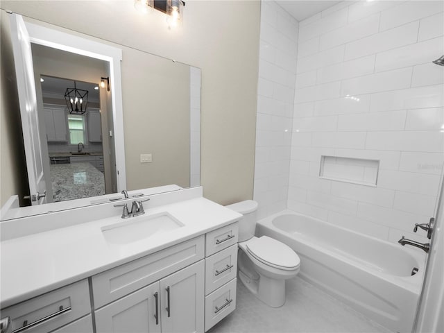 full bathroom featuring vanity, shower / tub combination, an inviting chandelier, tile patterned flooring, and toilet