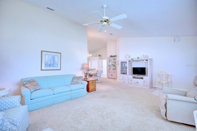 living room with ceiling fan, lofted ceiling, and light carpet