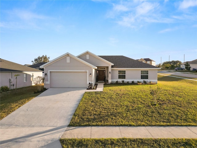 ranch-style home featuring a front yard and a garage