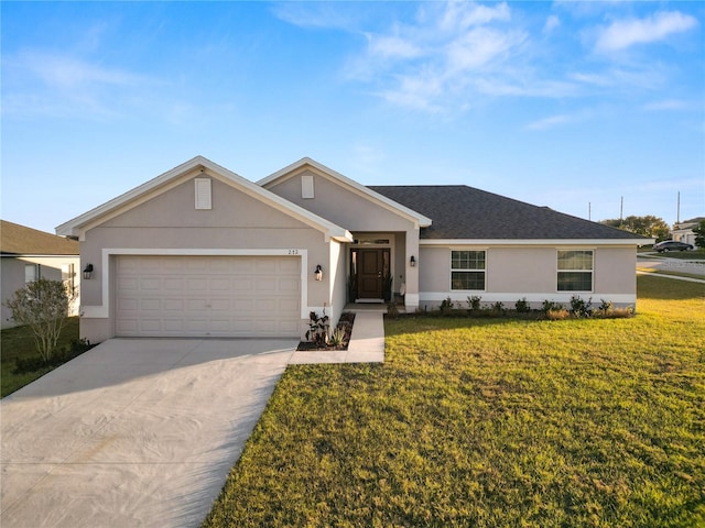 ranch-style home with a front yard and a garage