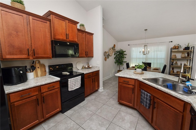 kitchen with sink, an inviting chandelier, vaulted ceiling, decorative light fixtures, and black appliances